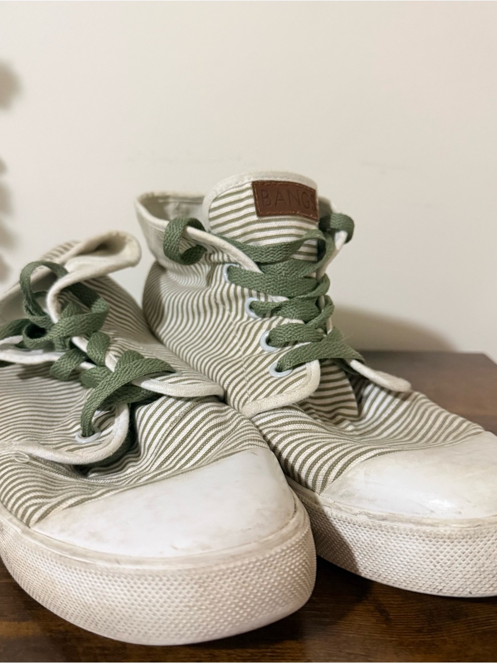 Unisex BANGS sage green + white striped high top sneakers US women’s 8.5 men’s 7